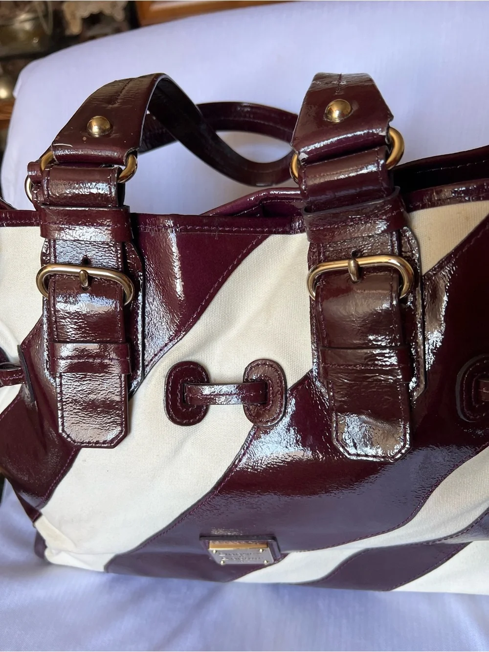 Dooney & Bourke Chiara Large Tote Bag Plum Patent Leather & Cream Stripe